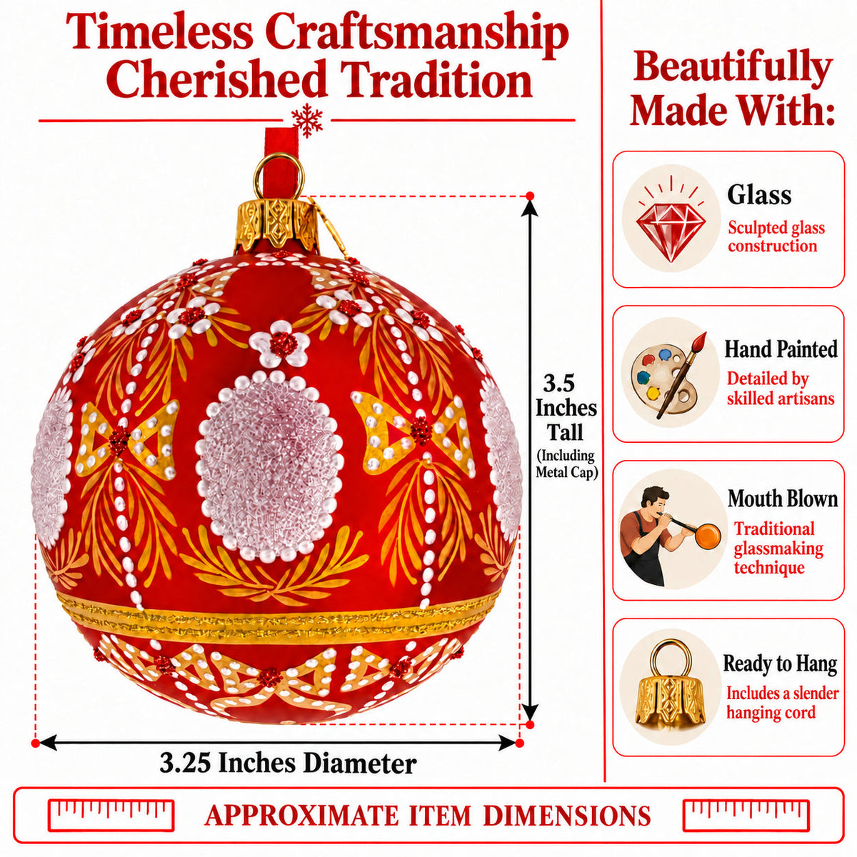 Ornate Floral Medallion on Matte Red Glass Ball Christmas Ornament