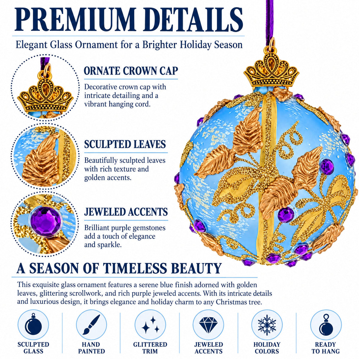 Blue Floral Jeweled Glass Ball Christmas Ornament