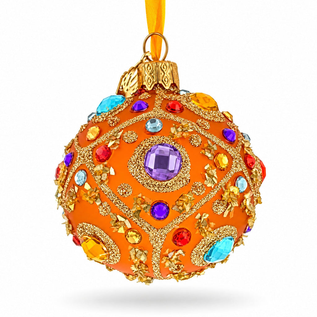 Boutique Amber Jewel Medallion Glass Ball Christmas Ornament