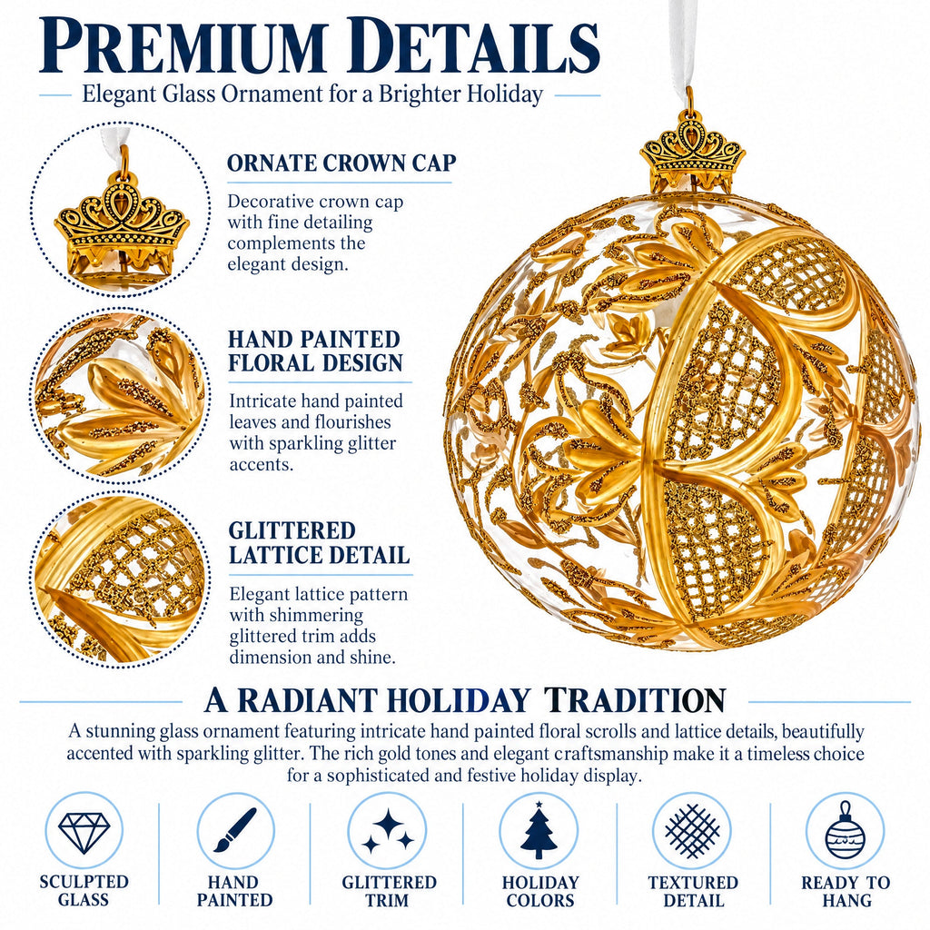 Golden Leaf Filigree Clear Glass Ball Christmas Ornament