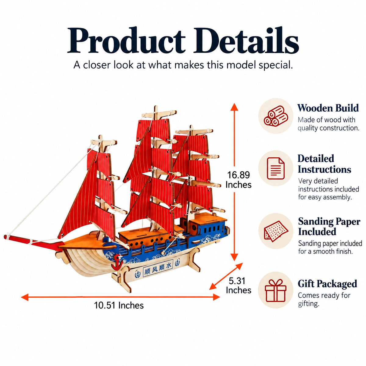 Sailing Ship Model Kit - Wooden Laser-Cut 3D Puzzle (77 Pcs)