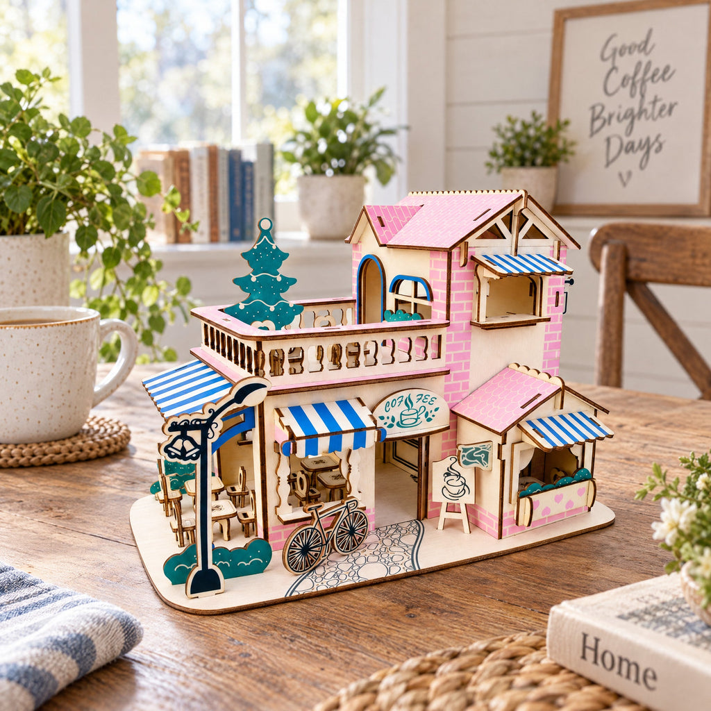 Coffee Shop Building Model Kit - Wooden Laser-Cut 3D Puzzle (161 Pcs)