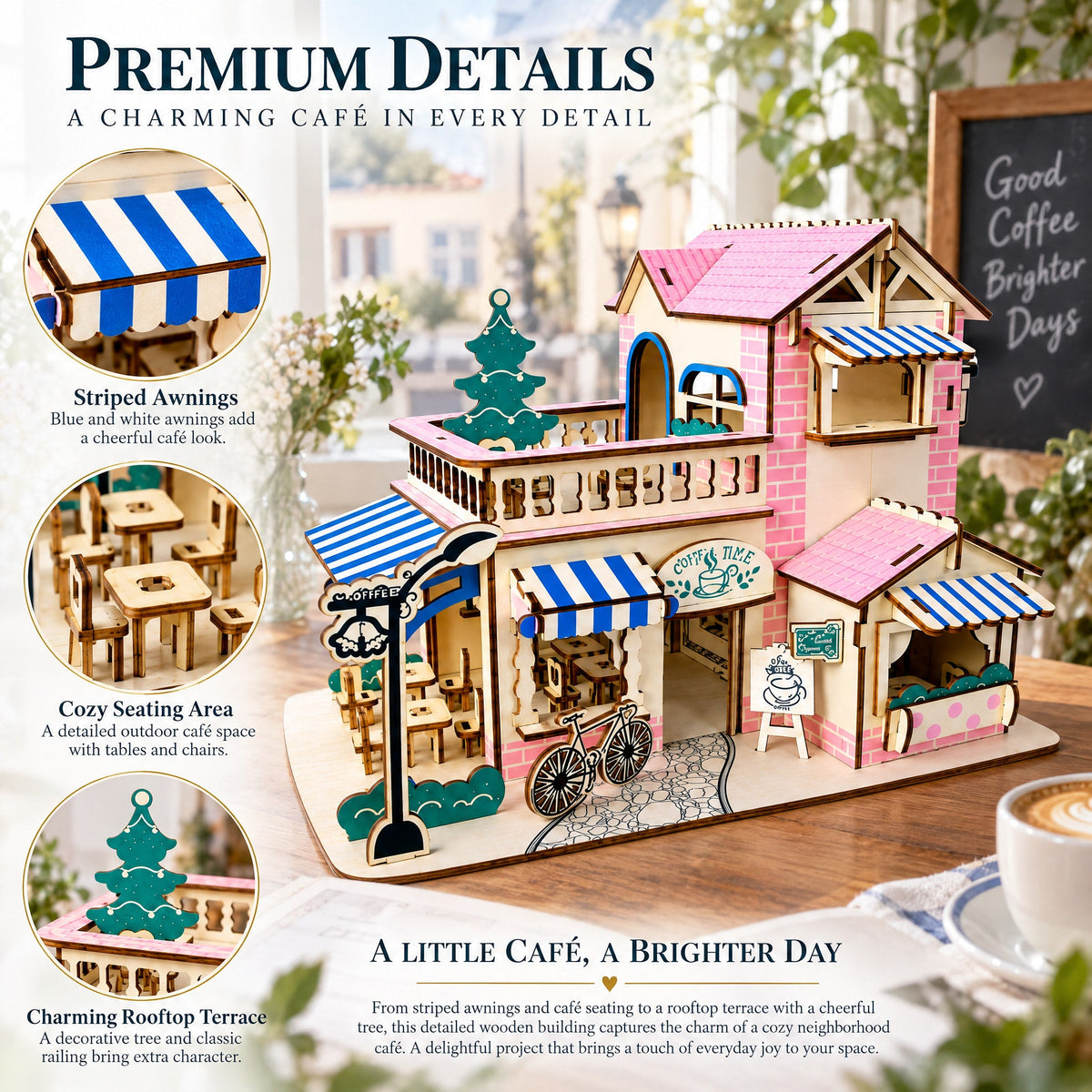 Coffee Shop Building Model Kit - Wooden Laser-Cut 3D Puzzle (161 Pcs)
