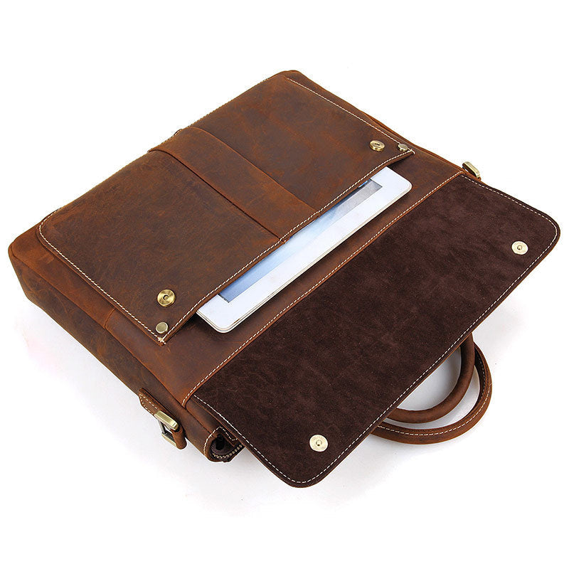 Handmade Crazy Horse Leather Briefcase Men's Business Cross Body Bags Leather Handbags 7113