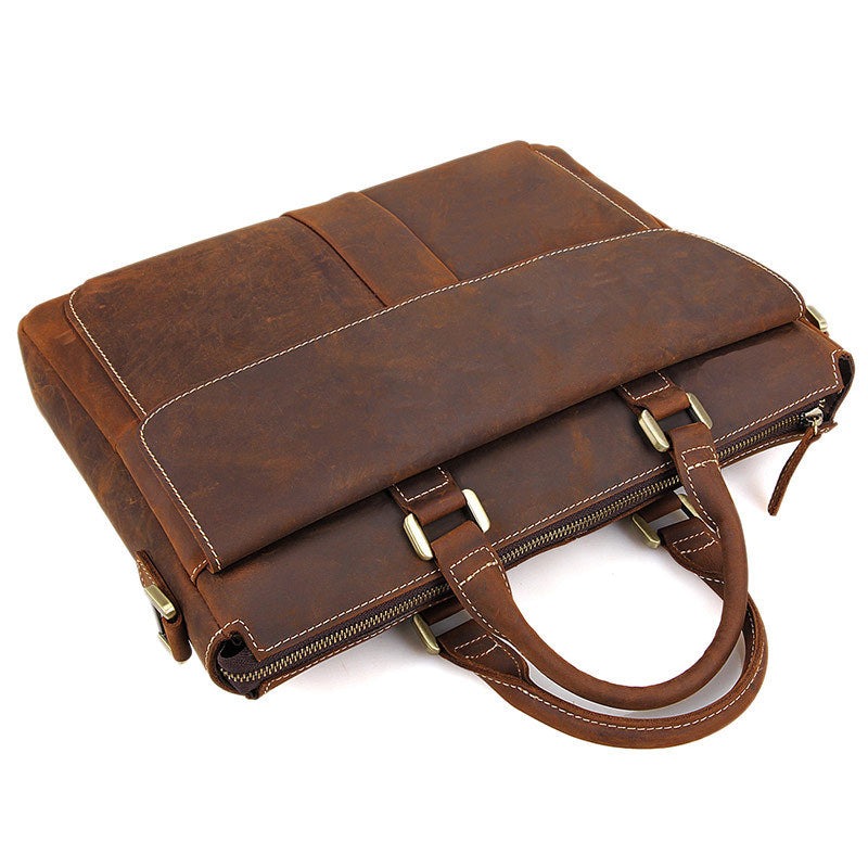 Handmade Crazy Horse Leather Briefcase Men's Business Cross Body Bags Leather Handbags 7113