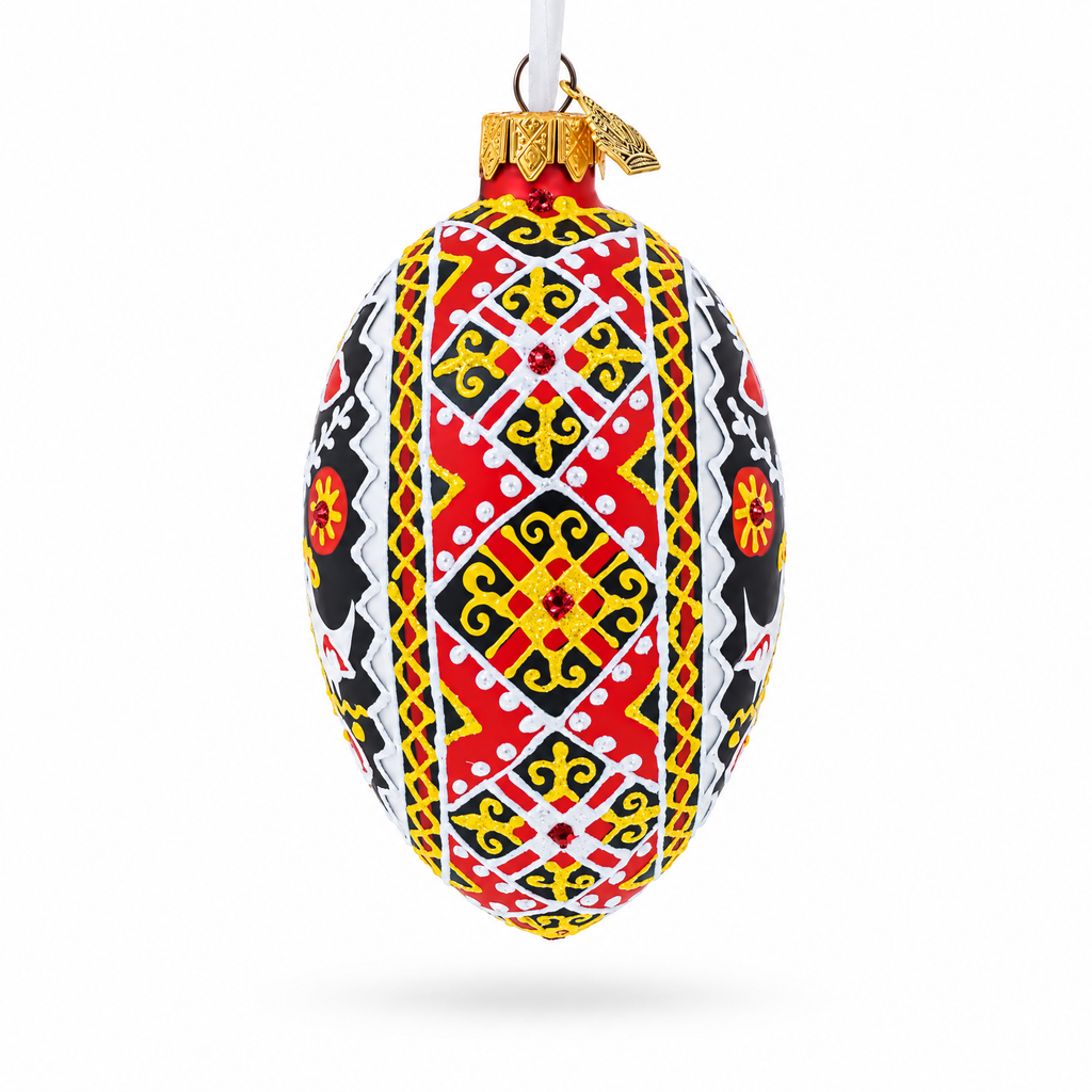 Two Roosters Ukrainian Glass Egg Ornament 4 Inches