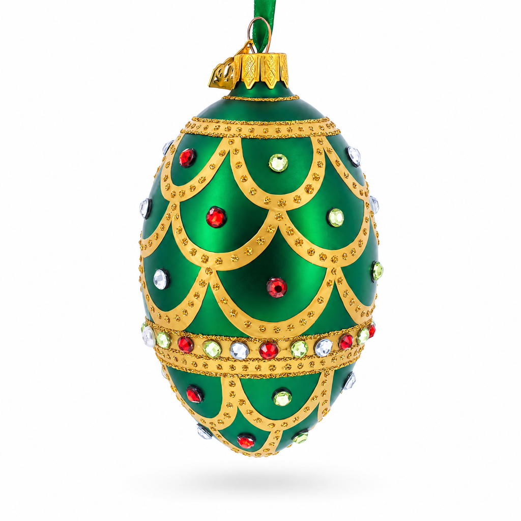 Gold Scallop on Green Jeweled Egg Glass Ornament 4 Inches