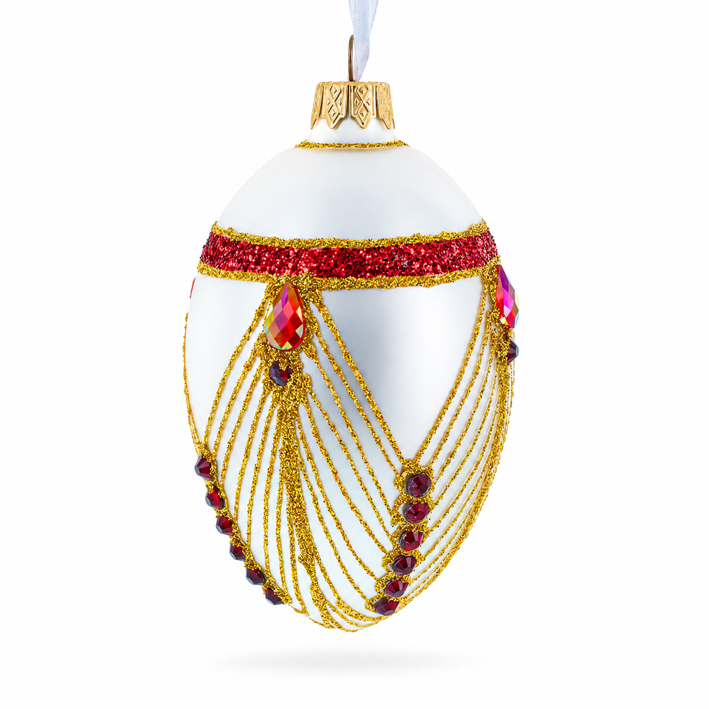 Red Jewels Eccentrics on White Glass Egg Ornament 4 Inches