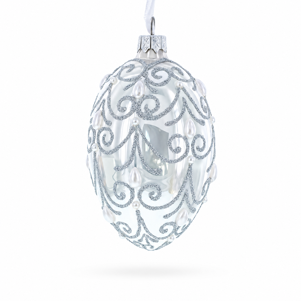 Jeweled Beads on Glossy White Glass Egg Ornament 4 Inches