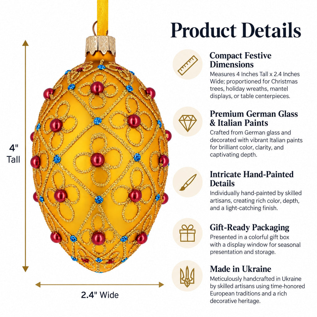Red Beads, Blue Crystals & Filigree Trellis Glitter on Gold Glass Egg Ornament 4 Inches