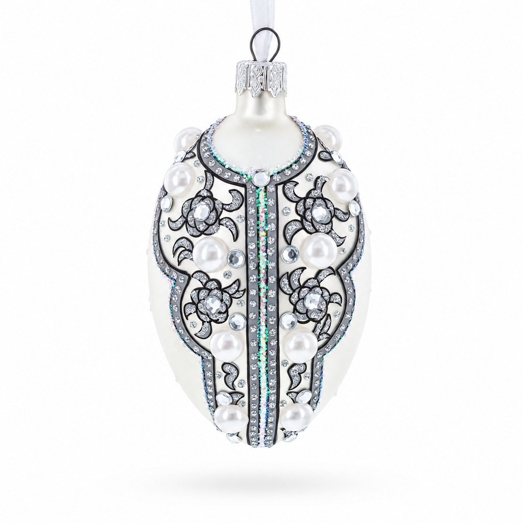 French Couturier Pearls on White Pendant Necklace Glass Egg Christmas Ornament 4 Inches