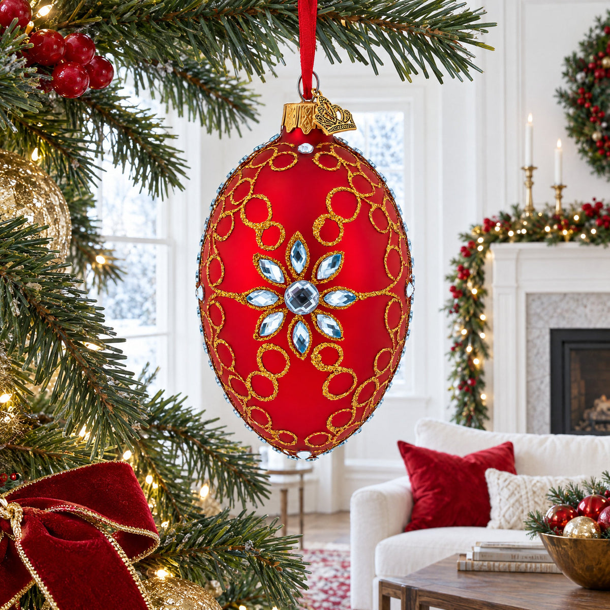 Diamond Star Red Glass Egg Christmas Ornament 4 Inches