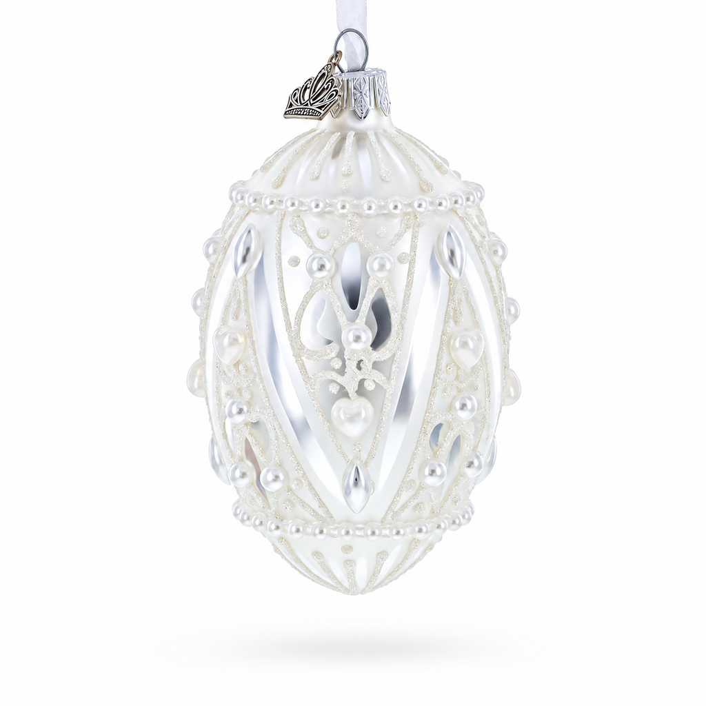 Pearlized Drops on White Glass Egg Christmas Ornament 4 Inches