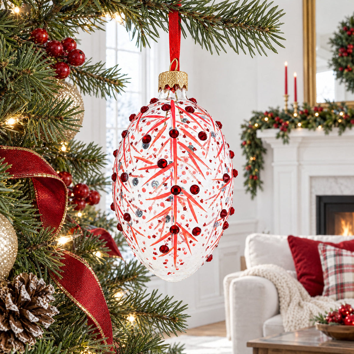 Red Branches Glass Egg Christmas Ornament 4 Inches