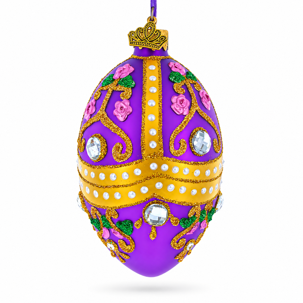 Jeweled Scrolls on Purple Glass Egg Christmas Ornament 4 Inches