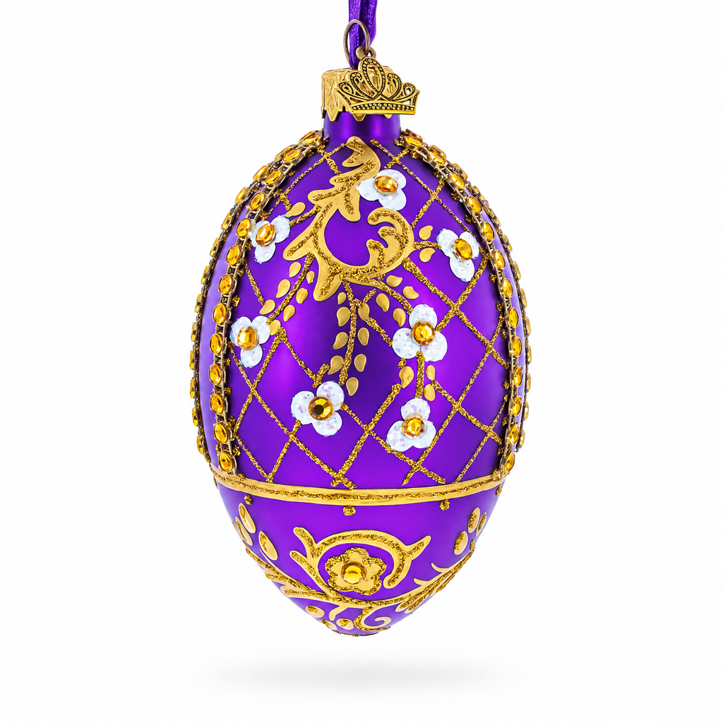 White Flowers on Purple Lattice Glass Egg Ornament 4 Inches