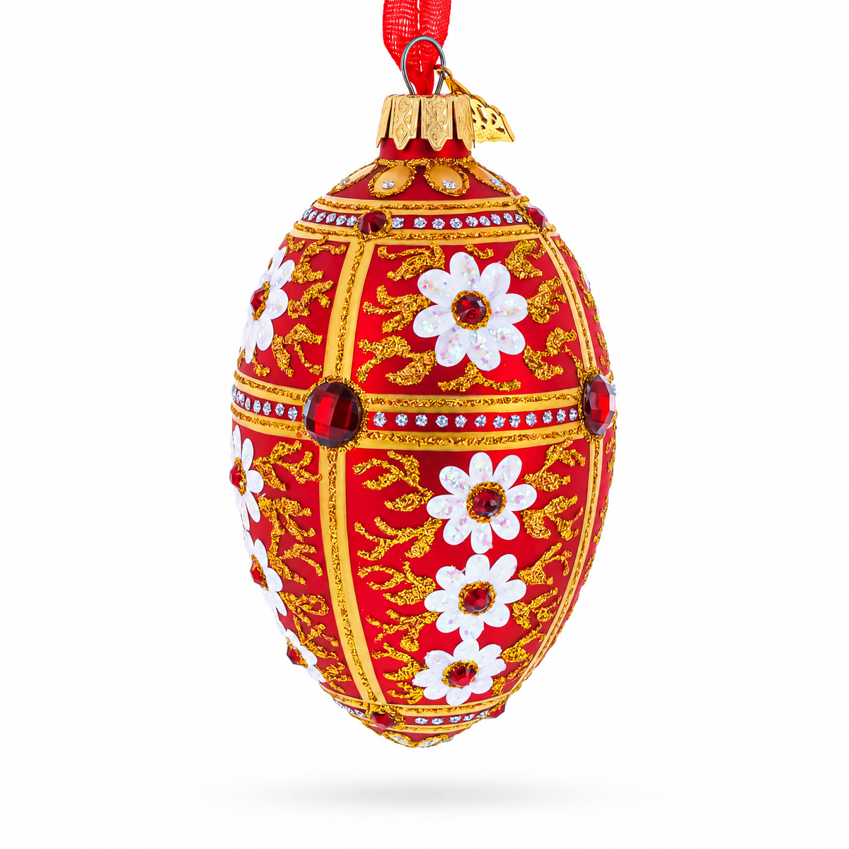 White Flowers on Red and Gold Glass Egg Ornament 4 Inches