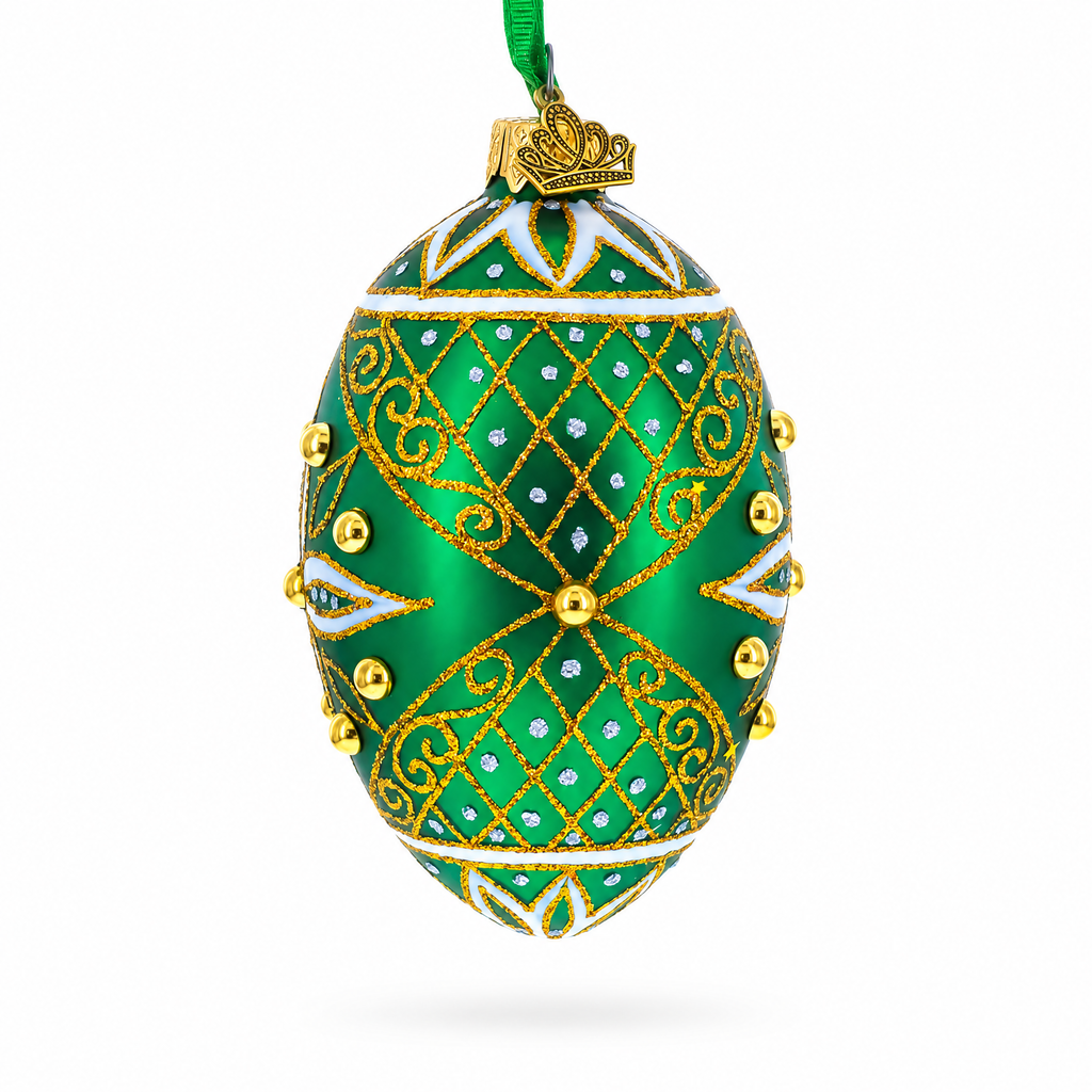 Jeweled White Star on Green Glass Egg Ornament 4 Inches