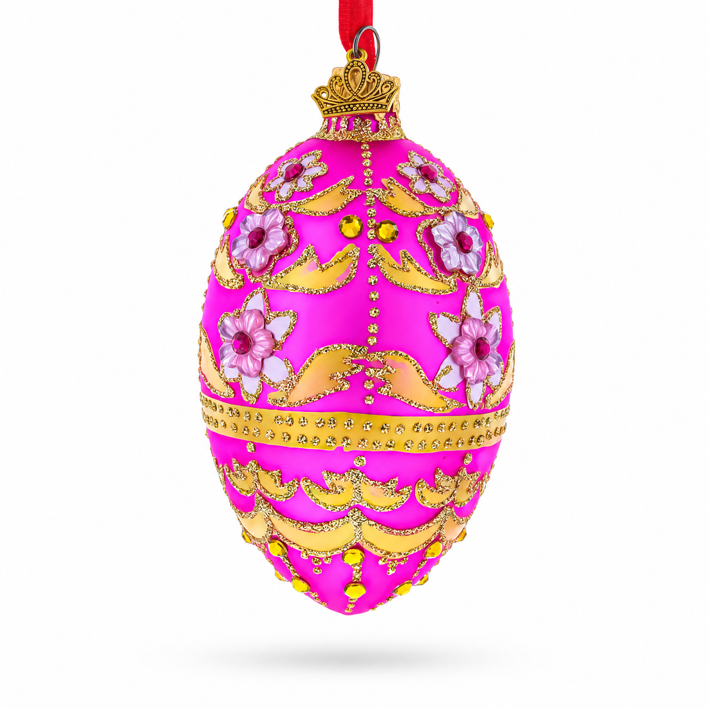 Jeweled Flowers on Pink Glass Egg Ornament 4 Inches