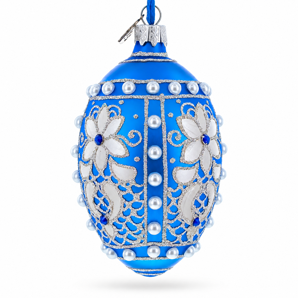 Pearls on Blue Glass Egg Ornament 4 Inches