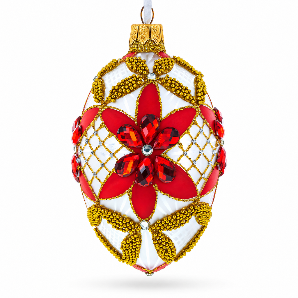 Red Jeweled Stars on White Glass Egg Ornament 4 Inches