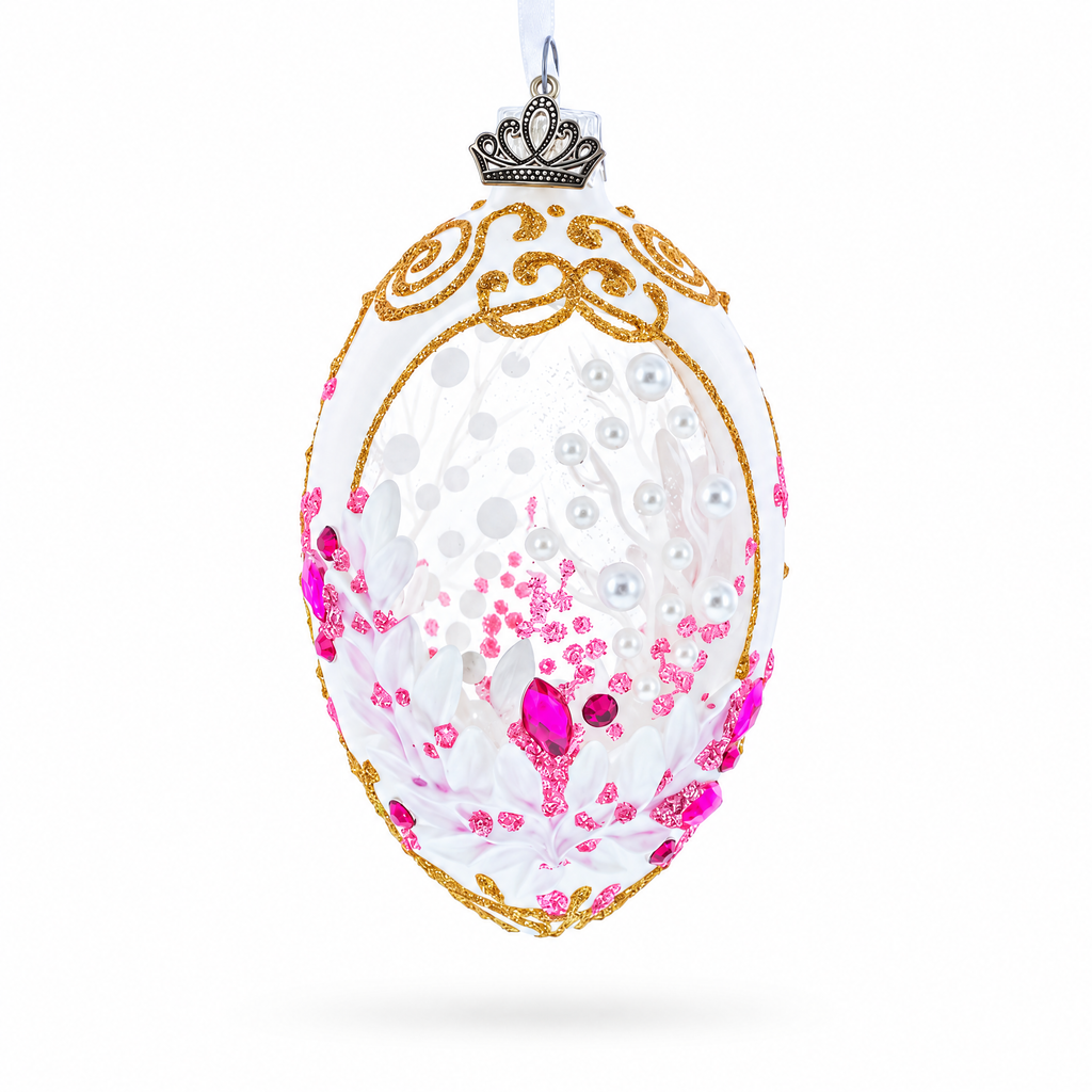 Pink Pearls on Clear Glass Egg Ornament 4 Inches