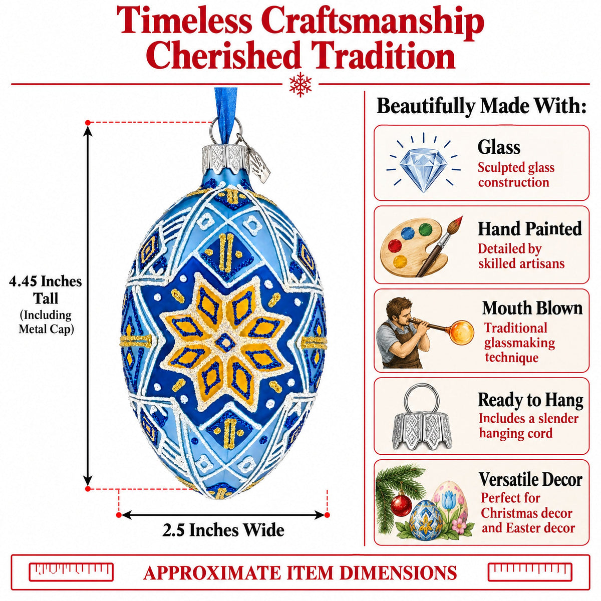 Ornate Blue Diamond Pattern Floral Star Glass Egg Ornament