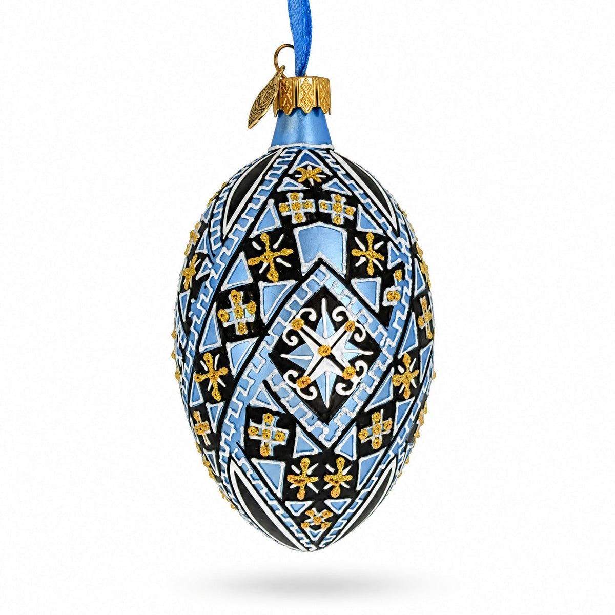 Ornate Midnight Blue Diamond Pattern Starburst Glass Egg Ornament