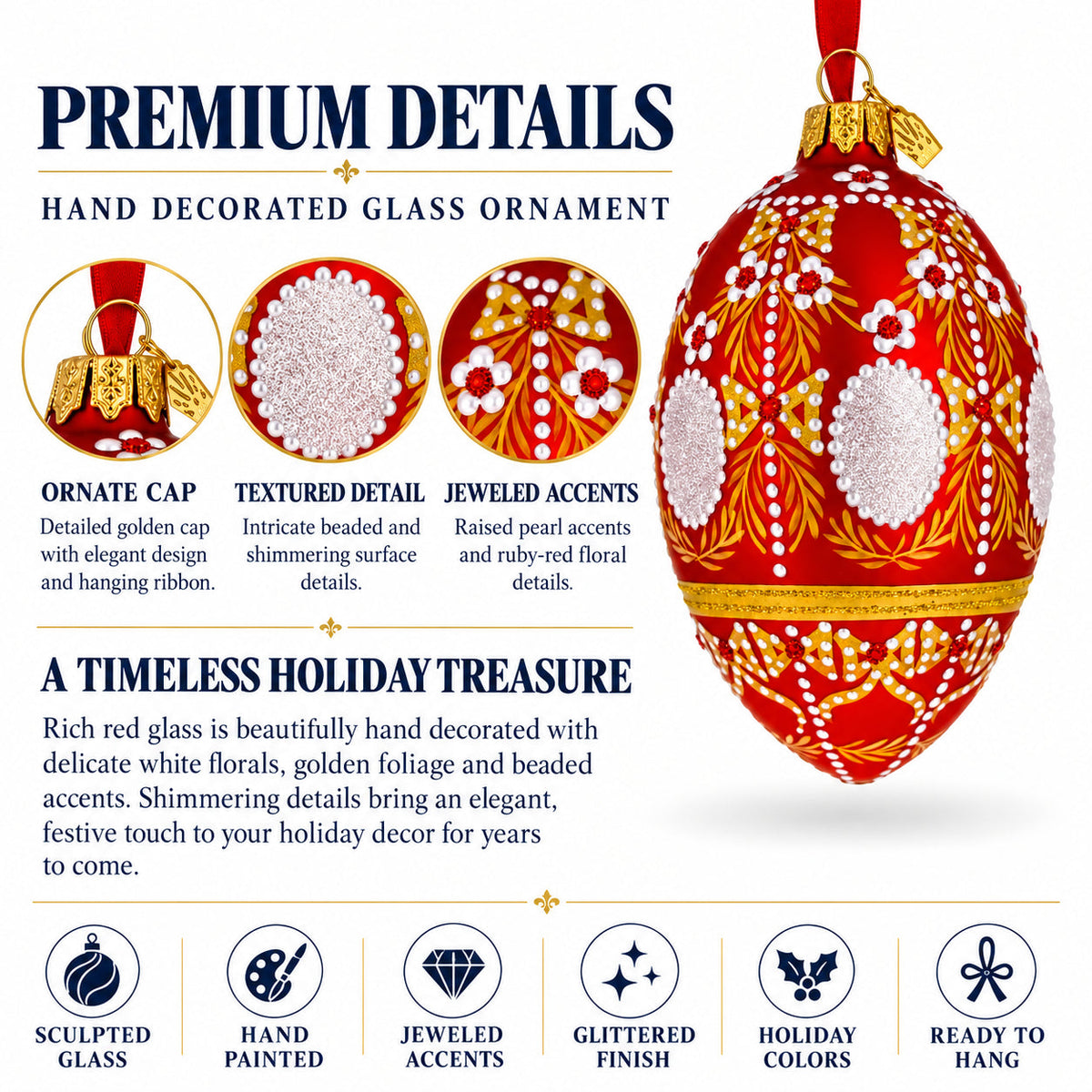Ornate Floral Medallion on Matte Red Glass Egg Ornament