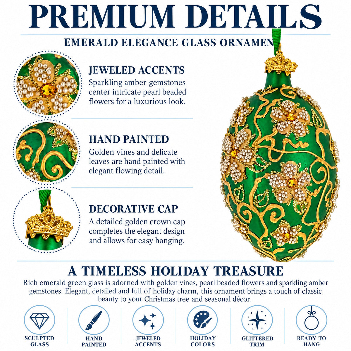 Green Jeweled Glitter Scrollwork Glass Egg Christmas Ornament