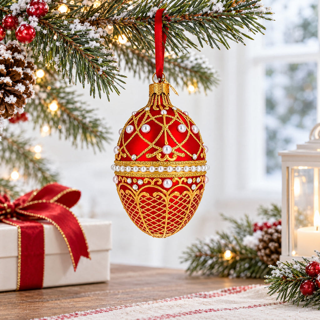 Red Jeweled Glitter Lattice Glass Egg Christmas Ornament