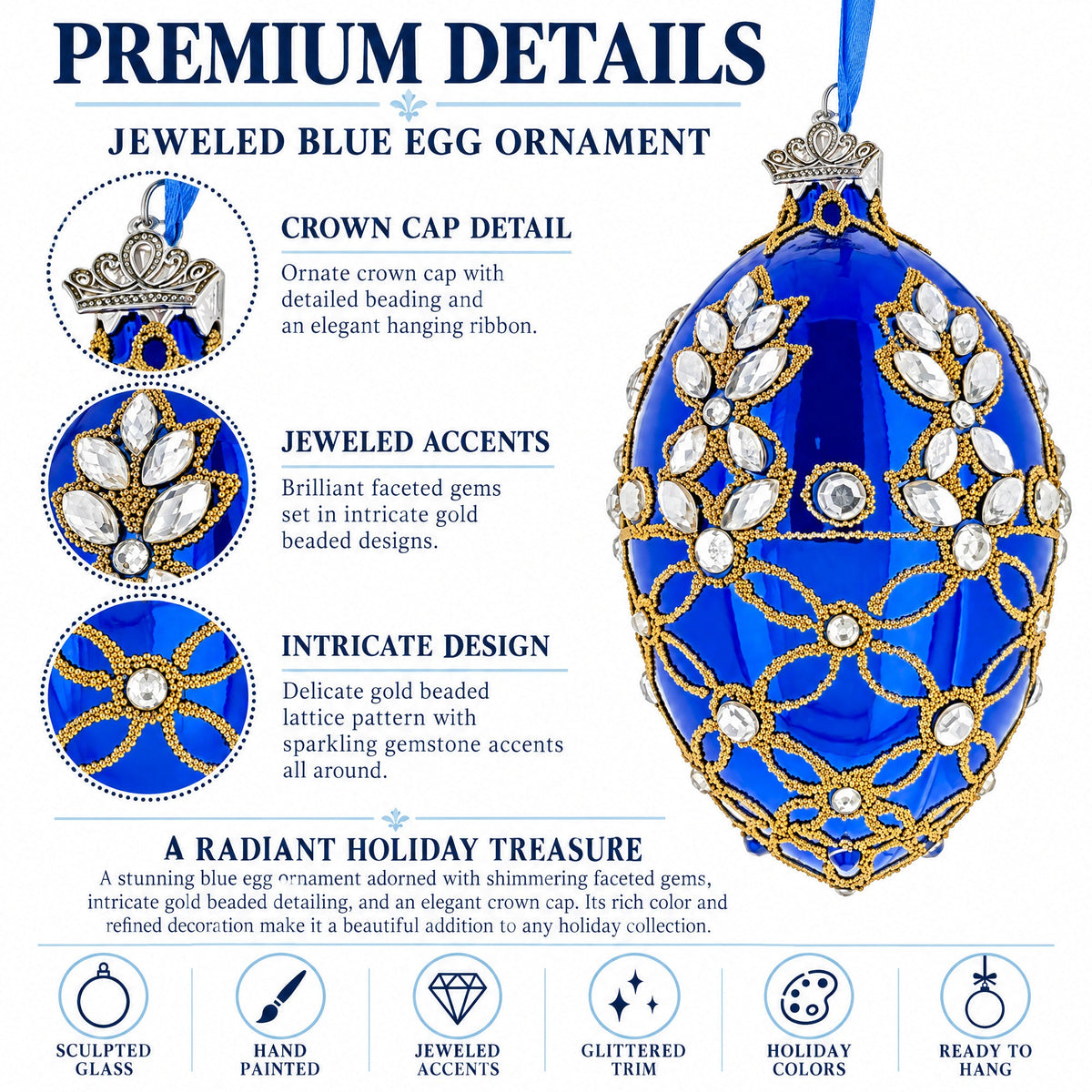 Blue Jeweled Floral Glass Egg Christmas Ornament