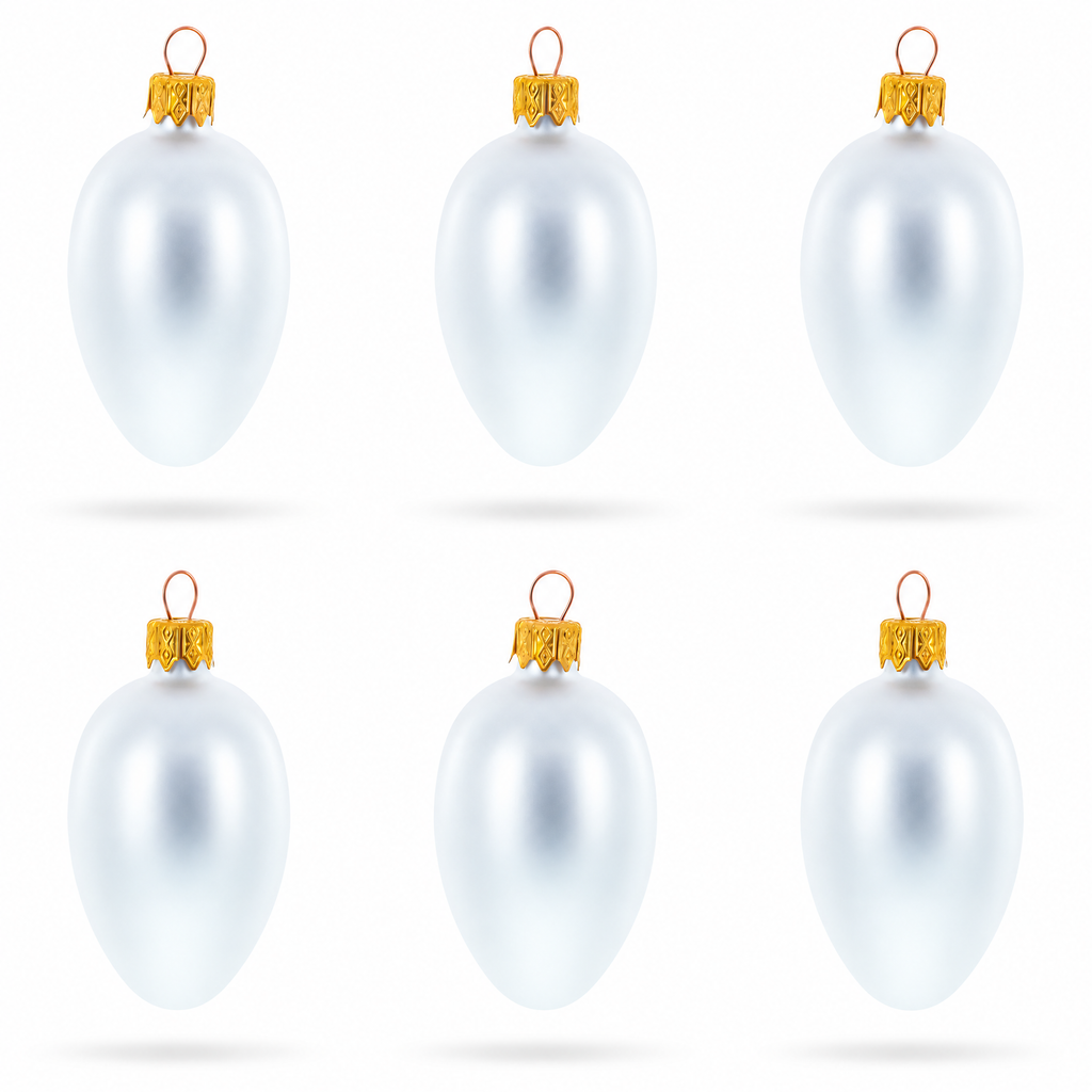Set of 6 Matte  White Mini Glass Egg Ornaments 2.9 Inches
