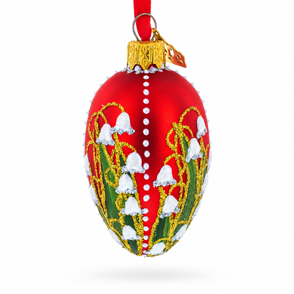 Lilies of the Valley Royal Mini Red Glass Egg Ornament 2.9 Inches