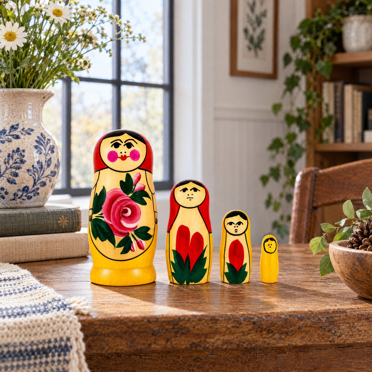 Wooden Semenov Red Scarf Nesting Dolls - Stacking Matryoshka 3.6 Inches