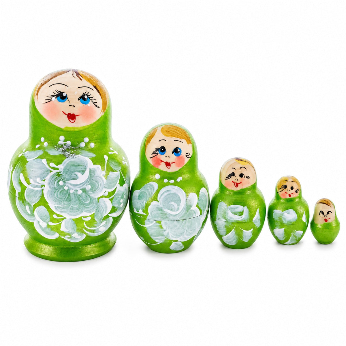 Wooden Green Floral Nesting Dolls - Lime Stacking Matryoshka 3.1 Inches