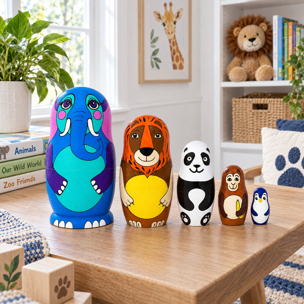 Set of 5 Zoo Animals Wooden Nesting Figurines