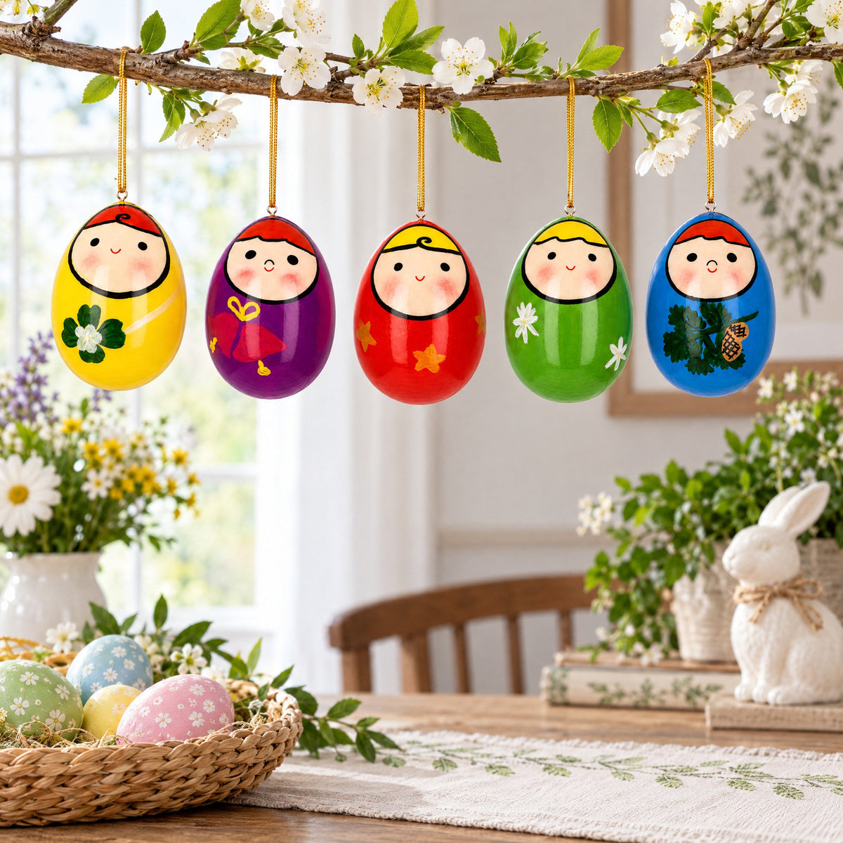 Set of 5 Wooden Egg Shaped Matryoshka Nesting Doll Ornaments