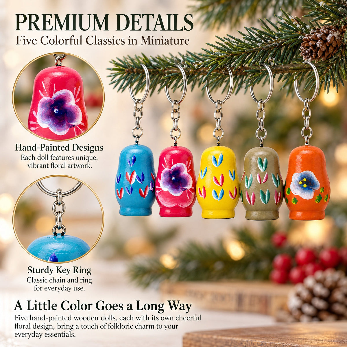5 Wooden Nesting Dolls Key Chains 1.75 Inches
