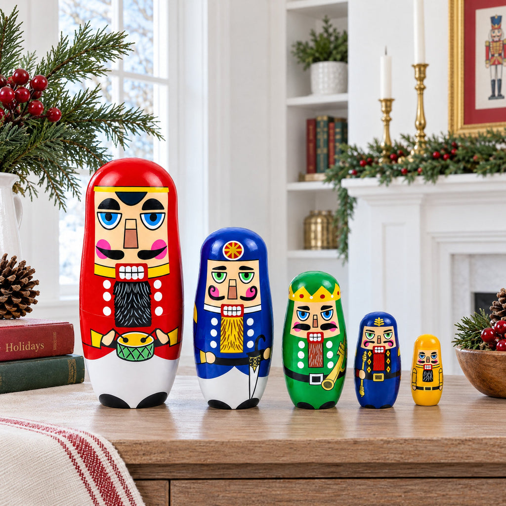Set of 5 Nutcrackers Wooden Nesting Dolls 5.5 Inches