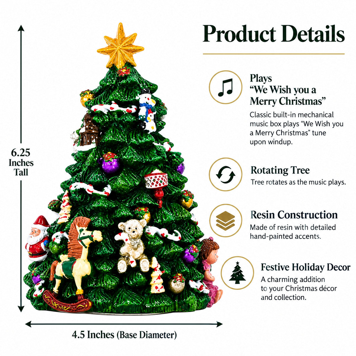 Santa Christmas Tree Musical Figurine with Spinning Motion with Star Topper