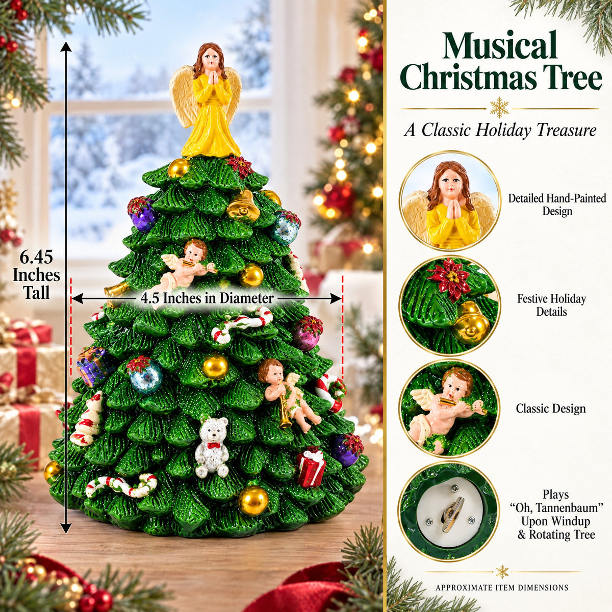 Wind-up Spinning Musical Christmas Tree with Angel Topper