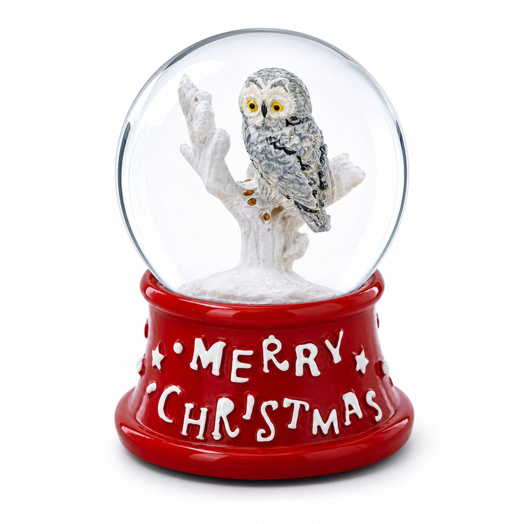 White Owl Perched on Red Base Mini Water Snow Globe