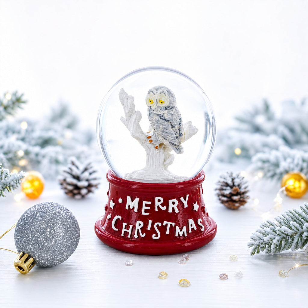 White Owl Perched on Red Base Mini Water Snow Globe