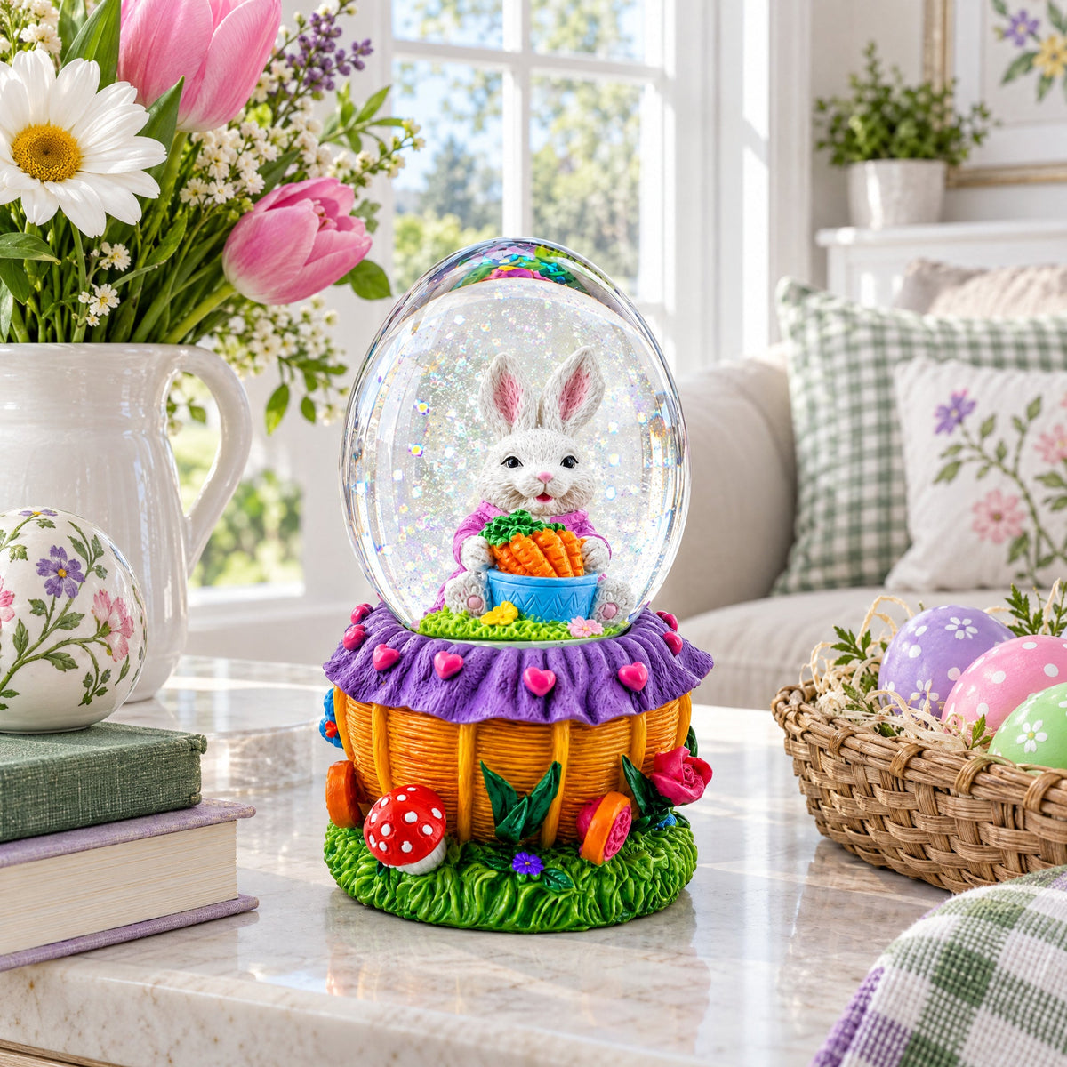 Bunny and Carrots Basket Water Globe