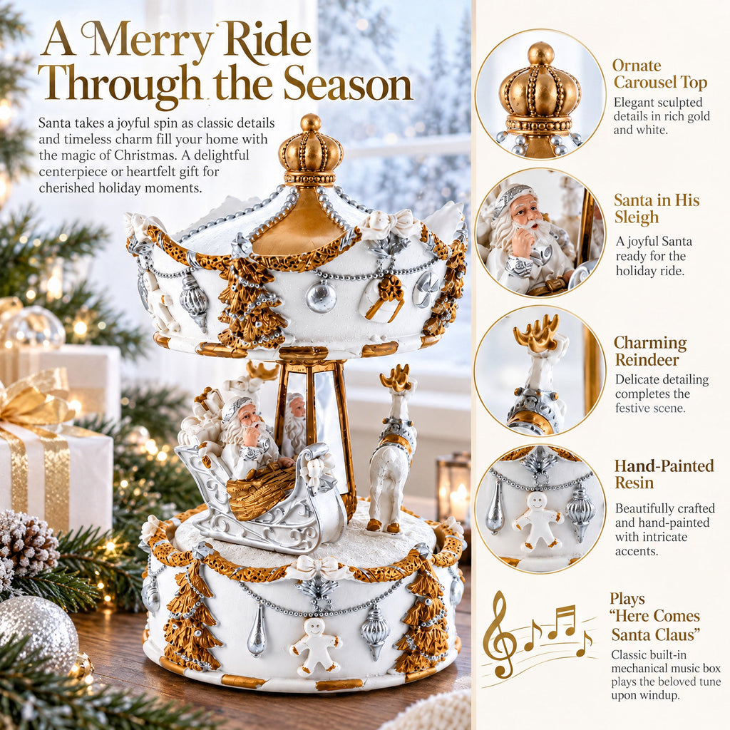 Santa's Reindeer Carousel: White Spinning Christmas Musical Box