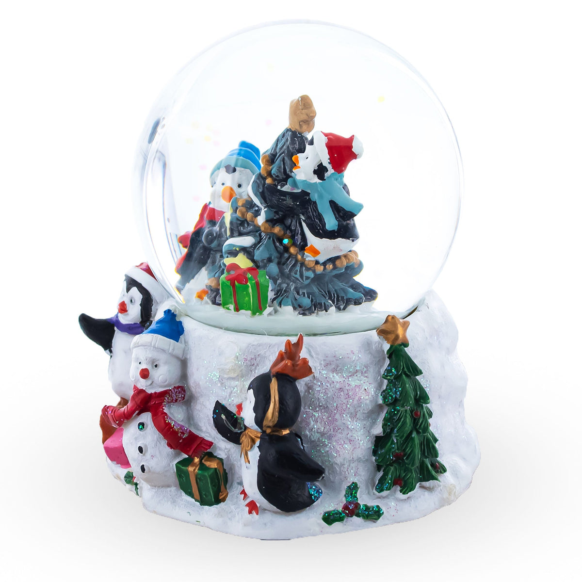 Penguins' Festive Tree Celebration Snow Water Globe
