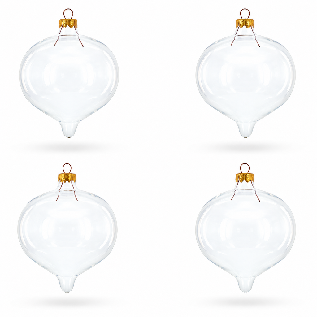 Set of 4 Pointed Onion-Shape Finial Clear Glass Christmas Ornaments