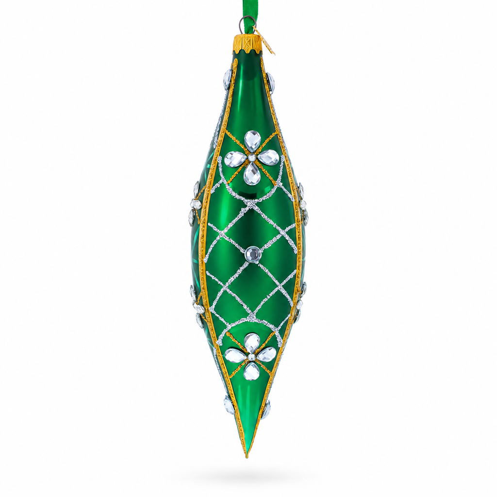 Emerald Jeweled Lattice Elongated Pointed Teardrop Finial Glass Christmas Ornament