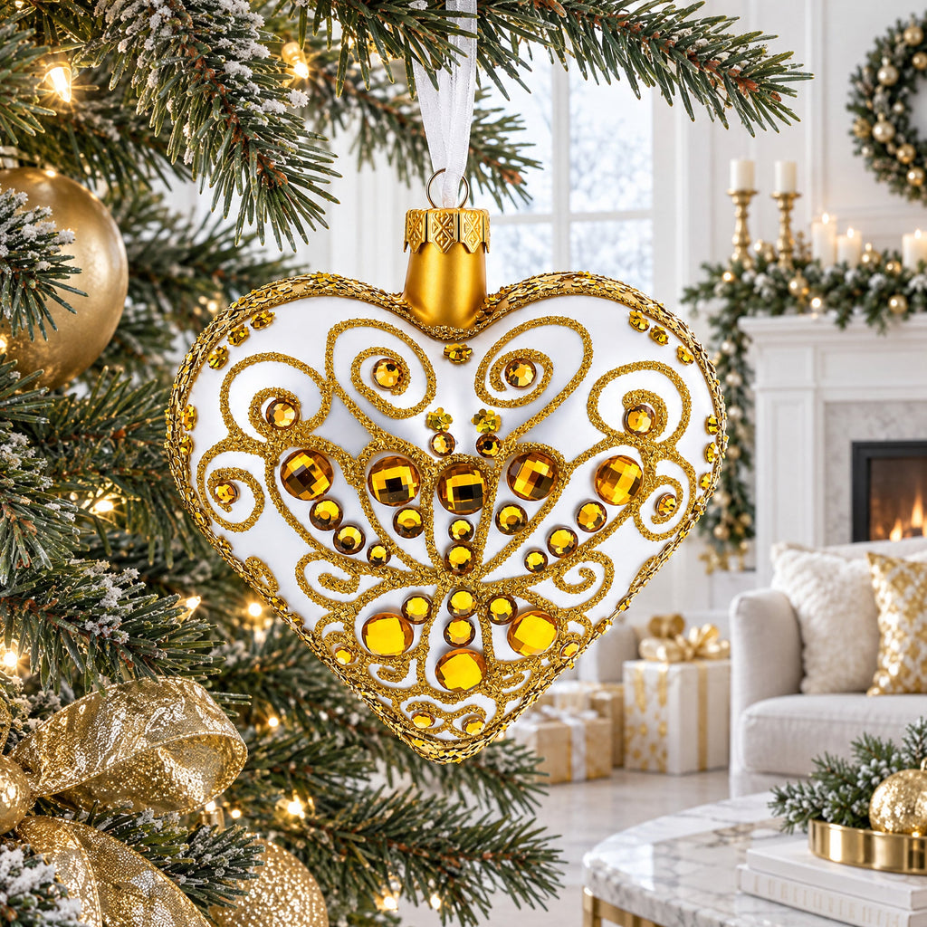 Regal Gold Filigree Heart Glass Ornament